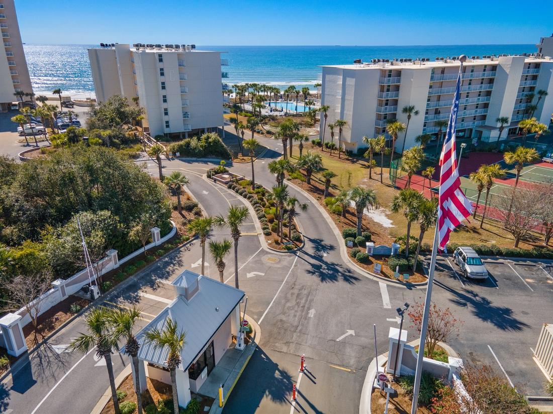 Aerial over the resort entrance drive