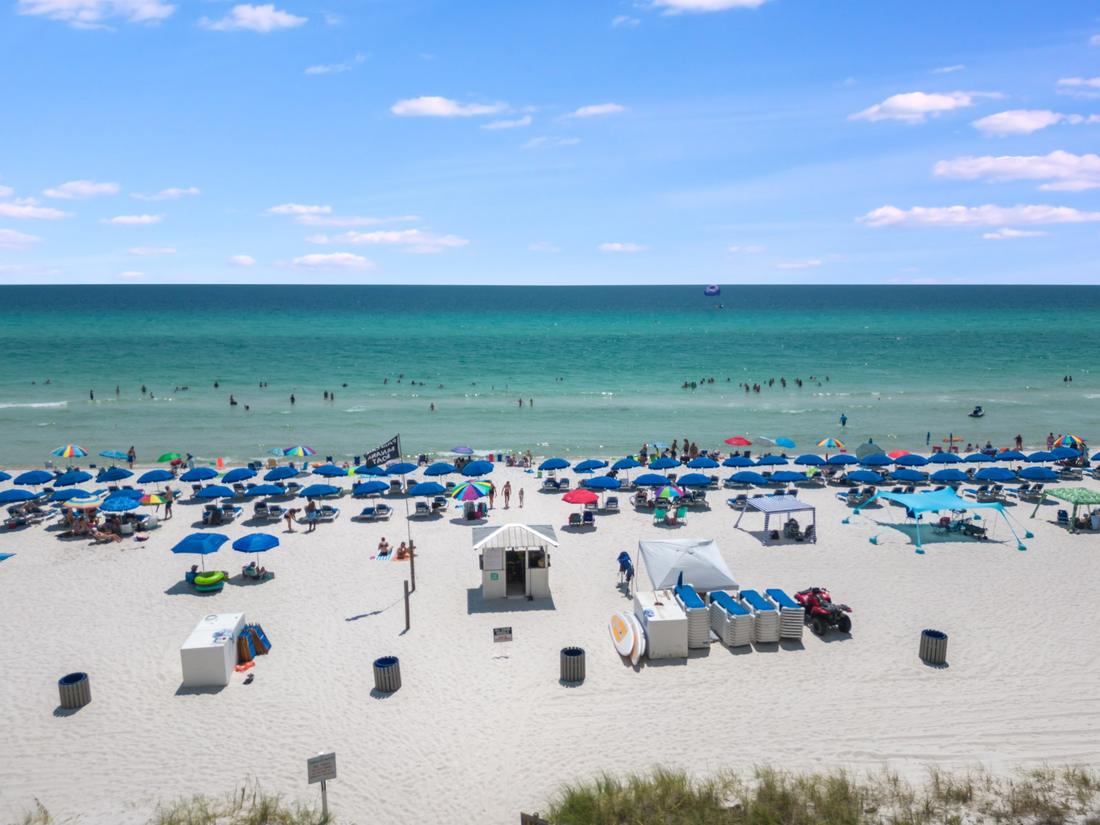 Beach chairs and umbrellas set up on the sand
