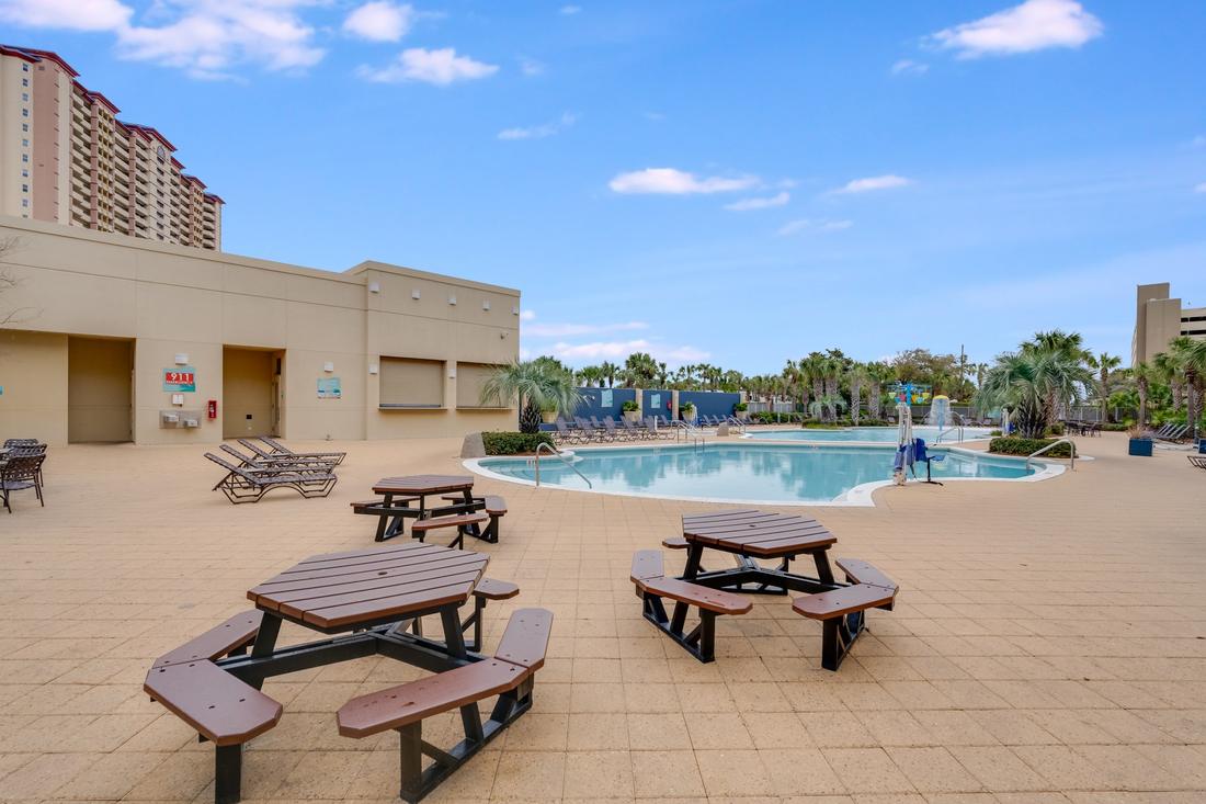 Pool deck with picnic tables