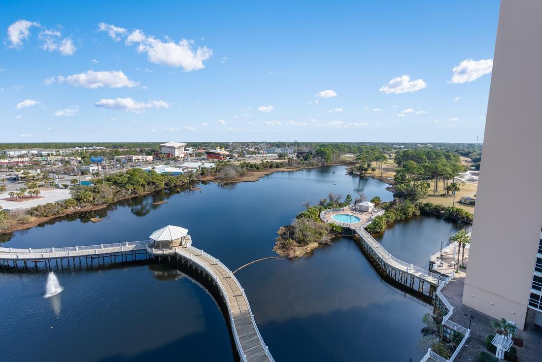 Aerial of the private lake and boardwalk