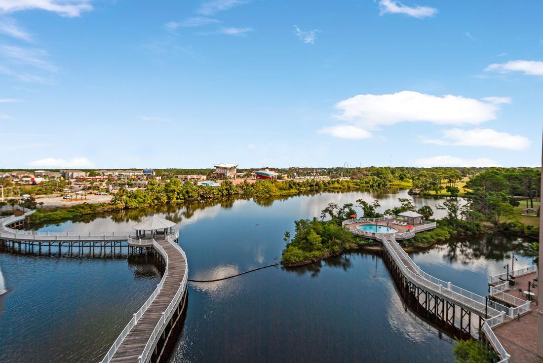 Lake and boardwalk from a balcony