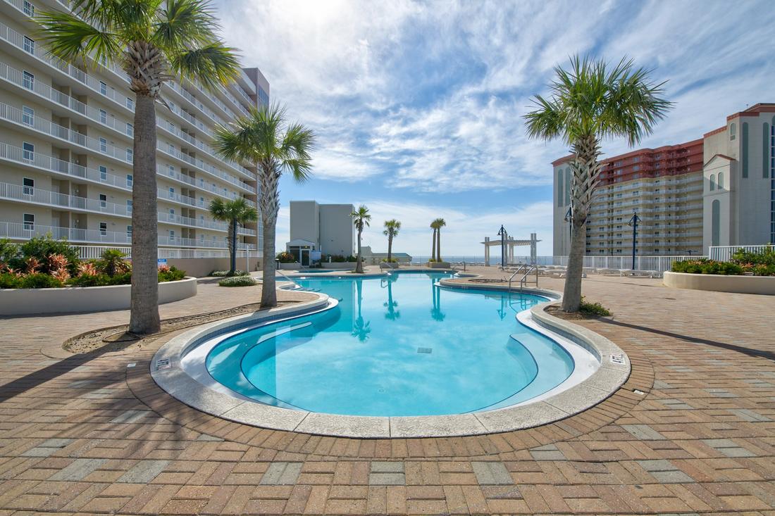 Palm-lined pool at Laketown Wharf