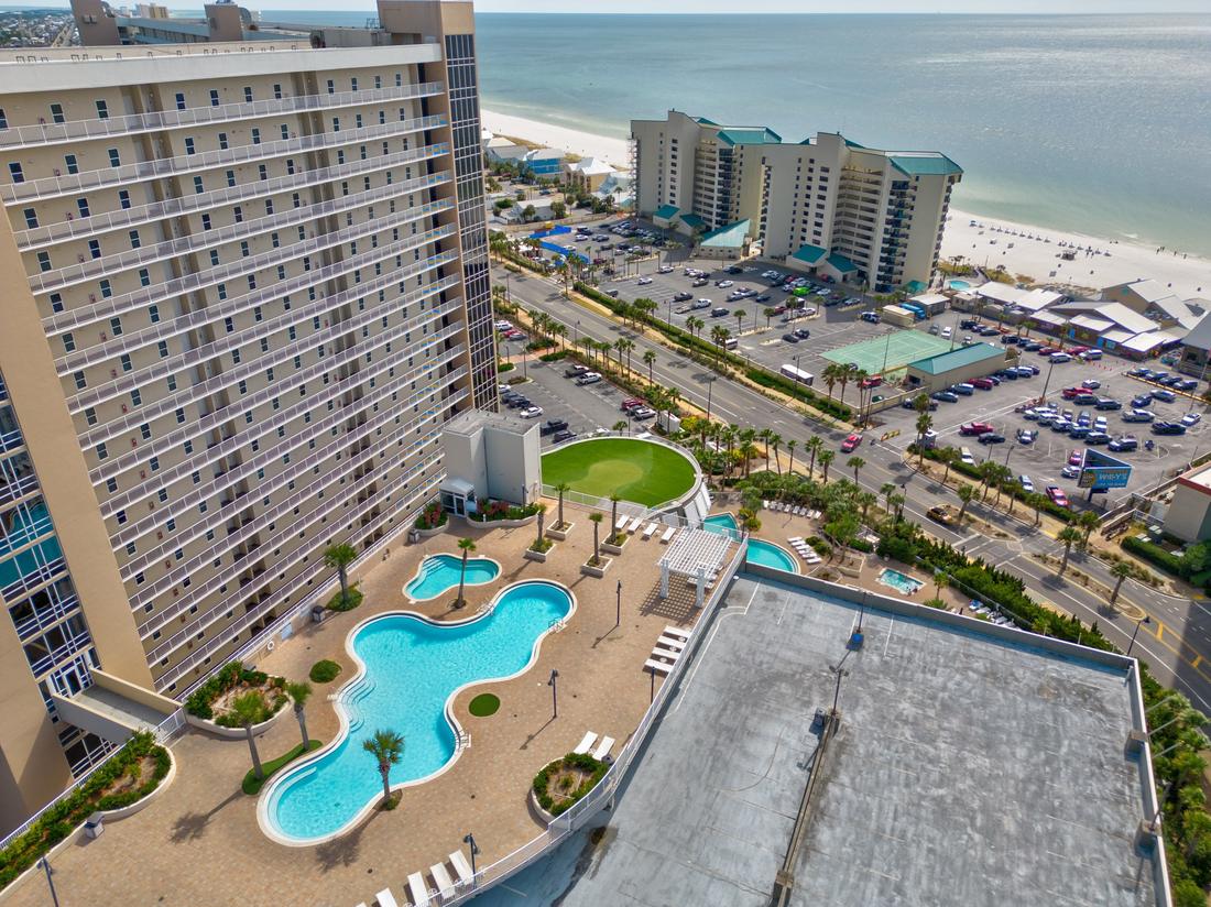 Laketown Wharf tower above a pool area