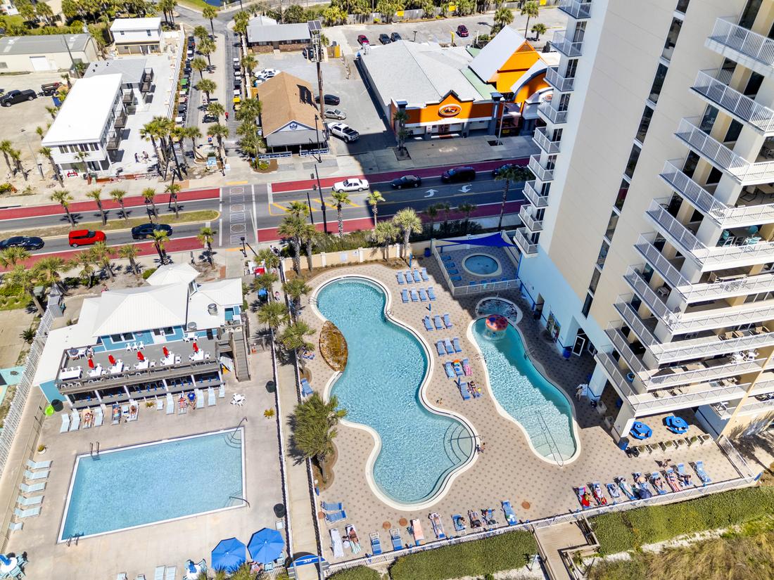 Aerial of the Majestic pools and tower