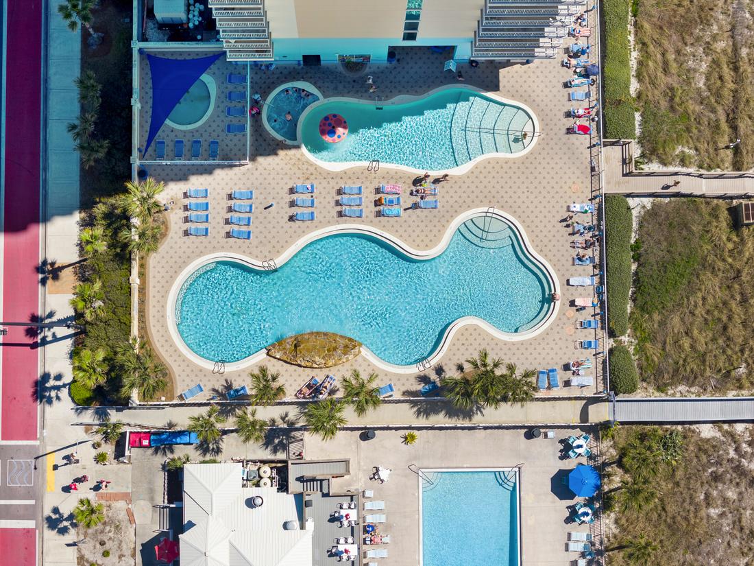 Top-down aerial of the pool decks