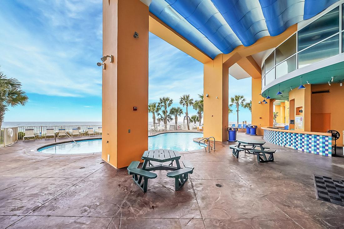 Pool deck with picnic tables
