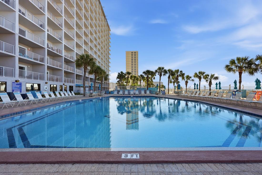 Outdoor pool with the Summit tower behind